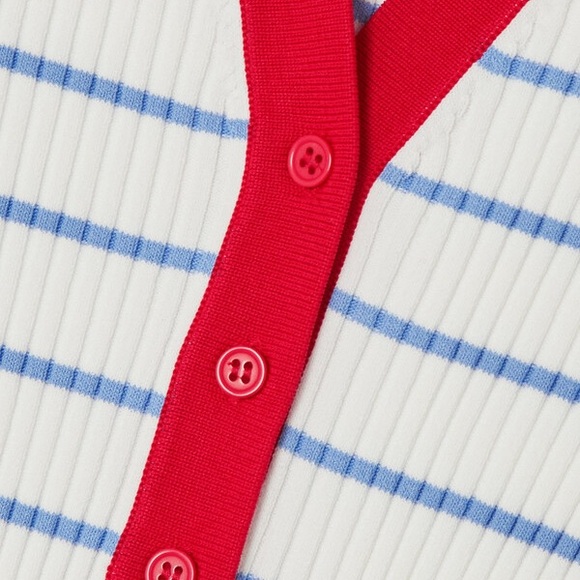 STAUD Shoko Ribbed Knit Midi Dress White Light Blue Stripes Red Trim Size M - Picture 3 of 13